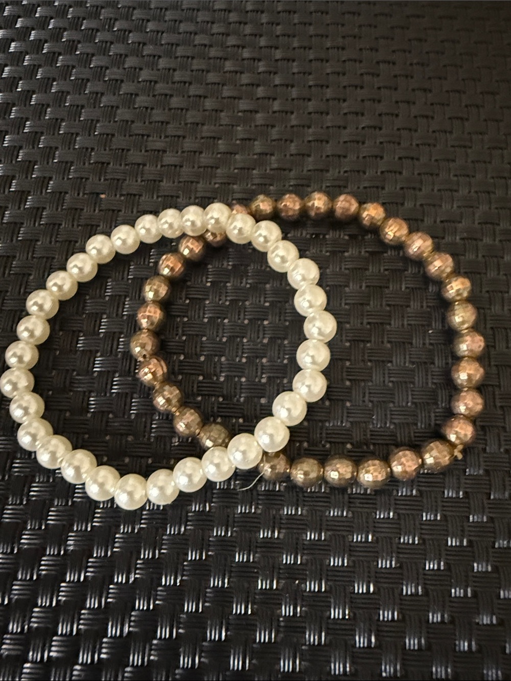 Pearl and Metallic Bead Stretch Bracelet Set - White & Rose Gold